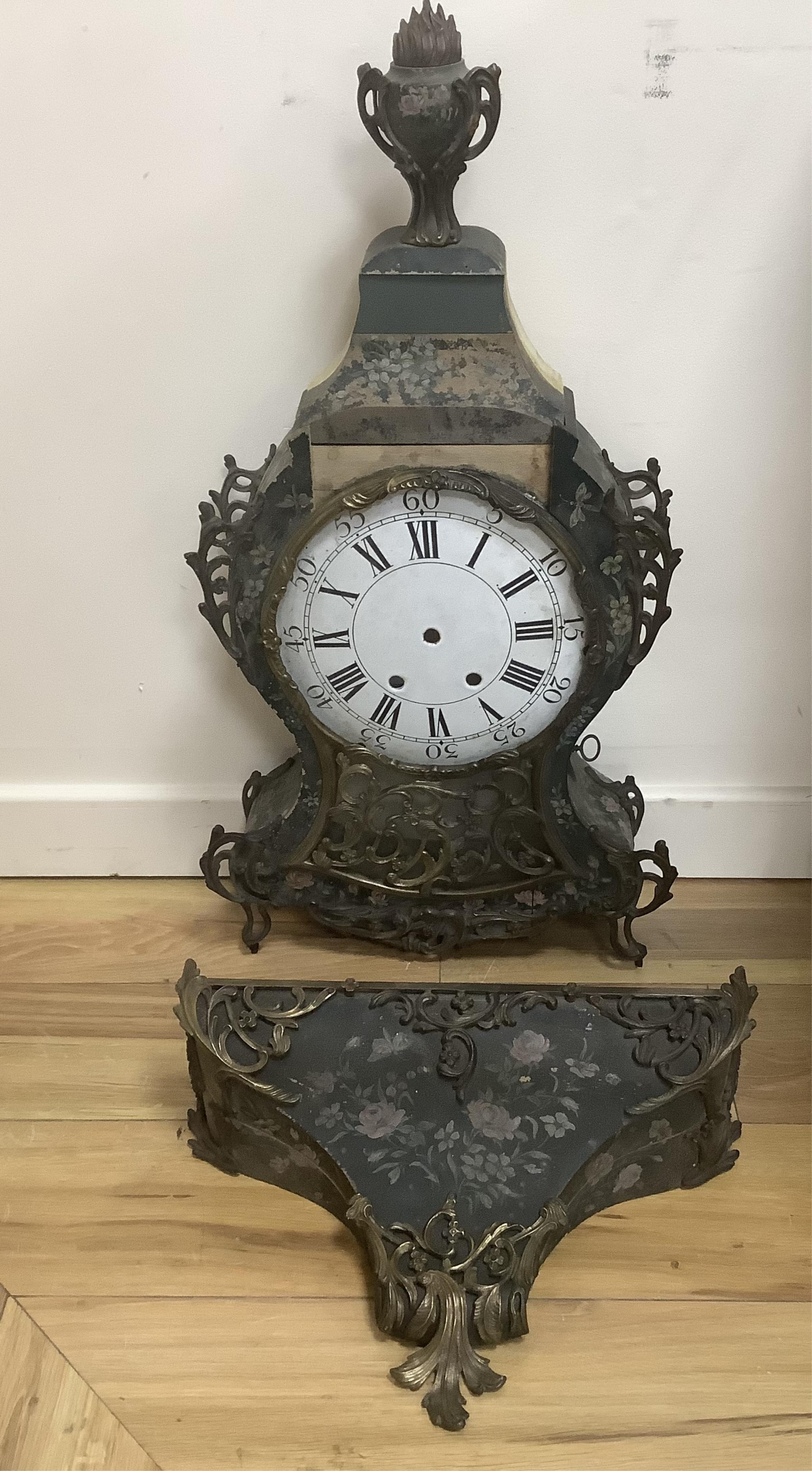 A Louis XV style gilt metal mounted Vernis Martin bracket clock case and bracket, lacking movement, 77cm high